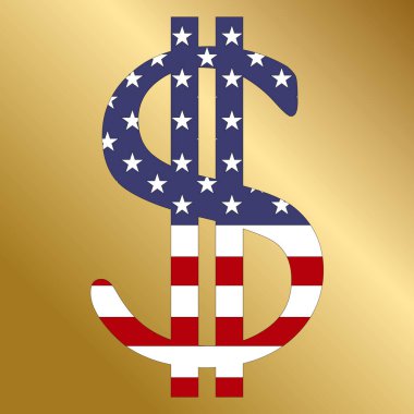 ABD bayraklı Amerikan doları tabelaları. Altın arkaplanda izole.