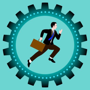 Businessman running inside the gear. Figure of a man with briefcase inside the cog wheel.