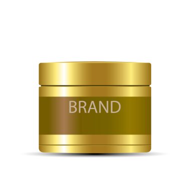 Altın kapaklı altın krema kavanozu beyaz arka planda izole edilmiş.