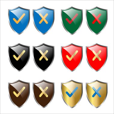 Kalkanlar ve işaretler beyaz arkaplanda izole edildi. Vektör illüstratörü.