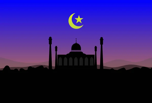 穆斯林穆斯林穆斯林在夕阳西下的清真寺轮廓和新月形月亮 — 图库矢量图片