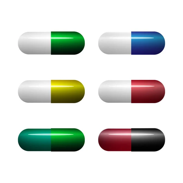 Realistische Kleurrijke Medische Pillen Tabletten Capsules Geïsoleerd Witte Achtergrond Farmaceutische — Stockvector