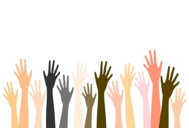 Çeşitli el illüstrasyonları. Çok ırklı grup el kaldırdı, el kaldırdı, el kaldırdı..