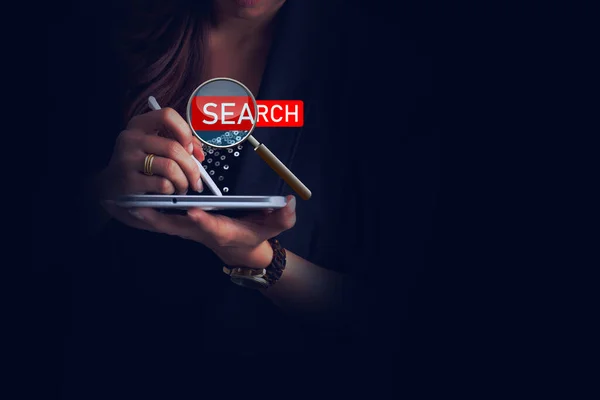 Women searching information data on internet networking. Web page banner, data search technology, Search engine.