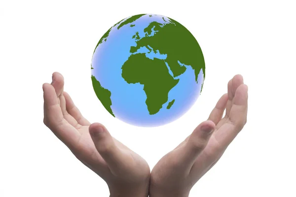 手牵着大地 地球在人类手中 带着我们的星球发光 世界地球日的概念 绿色能源 环境保护概念 — 图库照片#