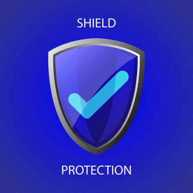 Yeşil şah ile mavi kalkan koruma ikonu. Mavi kontrol kalkanı, koruma, Güvenlik Savunma Güvenliği. Gümüş süslemeli mavi parlak kalkan.