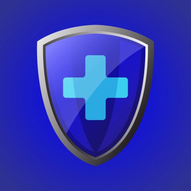 Çapraz vektör sembollü mavi tıbbi kalkan. Gümüş süslemeli mavi parlak kalkan.