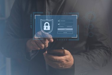 Parola ve kullanıcı adı giriş sayfası, Siber güvenlik kavramı, çevrimiçi kullanıcı kimlik doğrulama girişi, teknoloji ve sibernetik, giriş belgeleri, ekran kilidi simgesi, gizlilik, güvenlik, koruma