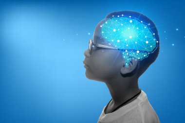 Çocuk kafası ve beyni. Yapay zeka, yapay zeka, yapay zeka, düşünce konsepti..