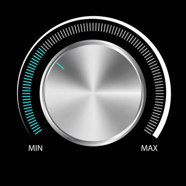 Metal desenli ses tuşu (müzik düğmesi). Metal ses kontrol düğmesi seviye ölçeği. Analog Döndürme Anahtarı. Vektör illüstrasyonu.