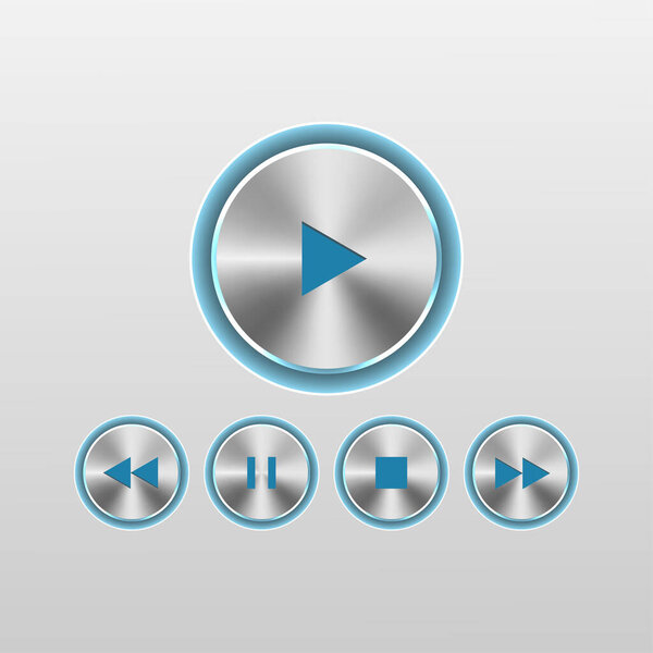 Silver circle buttons metallic music control buttons set. Vector illustration. 