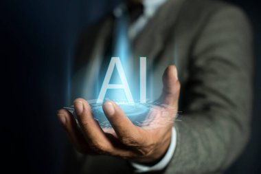 Yapay Zeka (Yapay Zeka) kavramı. El İşadamı teknolojisini kullanıyor. Global Internet bağlantısı. Yapay Zeka, Fütürist Teknoloji Dönüşümü..