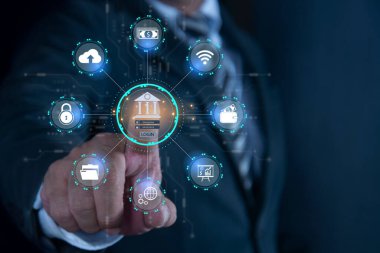 Sanal ekrana dokunan işadamı mobil online bankacılık ve ödemeler, Dijital bankacılık ağı, İnternet ödemesi, Teknoloji ve iş finans kavramını kullanıyor