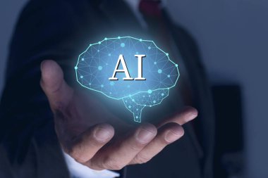 İnsan eli tutan beyin, yapay zeka, yapay zeka, düşünme konsepti. Dijital sohbet robotu, robot uygulaması, gelecekçi teknoloji..