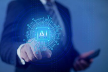 İş adamı el dokunuşu ekran arayüzü yapay zeka kavramı. Gelecekteki teknoloji sanal ekran arayüzü.