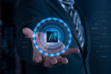 İş adamı sanal ekranda Ai simgesini tutuyor, iletişim için teknolojinin yenilikçi interneti. Yapay Zeka Ai yenilik teknolojisi küresel ağ