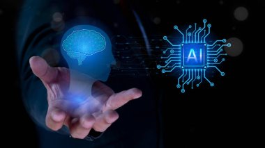 Yapay Zeka ve Makine Öğrenme: Yapay zeka çipiyle İnsan Beyni Tutmak. Düşünme konsepti. Büyük veri, Ağ, Dijital sohbet robotu, Robot uygulaması, Bilim ve fütüristik kavram 