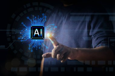 Adamın eli yapay zeka çipini işaret ediyor. Yapay zeka, teknoloji akıllı robot yapay zeka, donanım, hud ve yenilik kavramı 