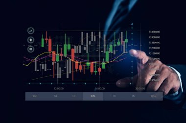 Çevrimiçi ticaret, Yatırım, Strateji piyasa planı, borsa verilerini sanal ekranda inceleyen İşadamı borsa gösterge paneli üzerinde çalışıyor.