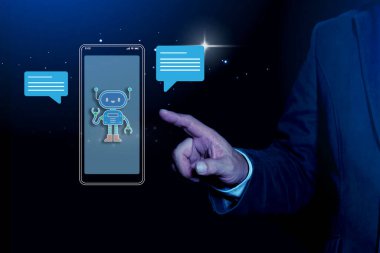 Person using a smartphone to interact with a friendly AI chatbot, Concept AI Chatbot, Artificial Intelligence, digital chatbot, robot, application, conversation assistant. 