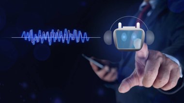 Müşteri dijital yapay zeka sohbet robotu arayüzü olan akıllı telefon kullanıyormuş. Yapay zeka, sanal asistan teknolojisi, online iş iletişimi, Chatbot sohbet konsepti. 