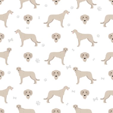 İrlandalı kurt köpeği kusursuz desen. Farklı pozlar, farklı renkler. Vektör illüstrasyonu