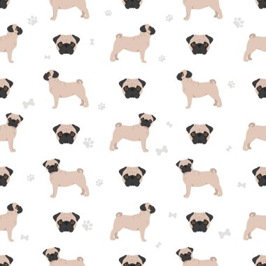 Pug pürüzsüz desen. Farklı pozlar, farklı renkler. Vektör illüstrasyonu