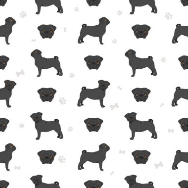 Pug pürüzsüz desen. Farklı pozlar, farklı renkler. Vektör illüstrasyonu