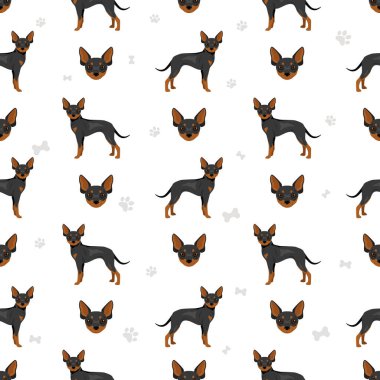 Rus oyuncak teriyeri pürüzsüz şablona sahip. Farklı pozlar, farklı renkler. Vektör illüstrasyonu