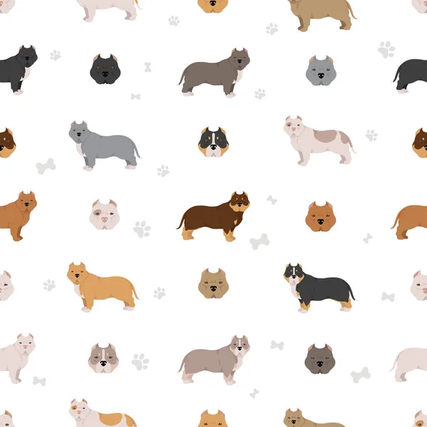 American Bully Dogs Set Color Varieties Different Poses Seamless Pattern — Stock Vector