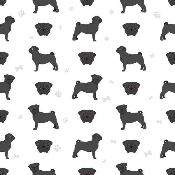 Pug Seamless Pattern Different Poses Coat Colors Set Vector Illustration — Stock Vector