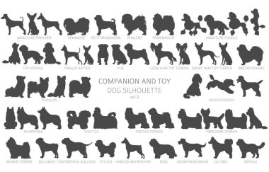 Köpek siluetleri besler, basit bir klişe stili vardır. Arkadaş ve oyuncak köpek koleksiyonu. Vektör illüstrasyonu