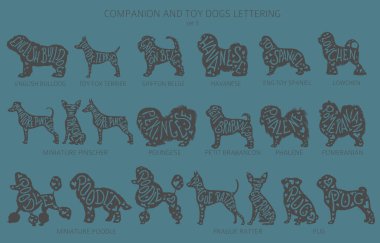Köpek siluetleri harflerle, basit stil klipleriyle besler. Dost köpekler ve oyuncak köpekler koleksiyonu. Vektör illüstrasyonu