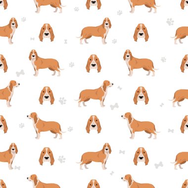 İspanyol av köpeği kusursuz desen. Tüm ceket renkleri ayarlandı. Bütün köpekler karakteristik bilgileri çoğaltır. Vektör illüstrasyonu