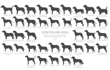 Köpek siluetleri harflerle, basit stil klipleriyle besler. Av köpekleri, av köpekleri, av köpekleri koleksiyonu. Vektör illüstrasyonu
