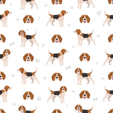 Av köpeği kusursuz desen. Tüm ceket renkleri ayarlandı. Farklı pozisyon. Bütün köpekler karakteristik bilgileri çoğaltır. Vektör illüstrasyonu