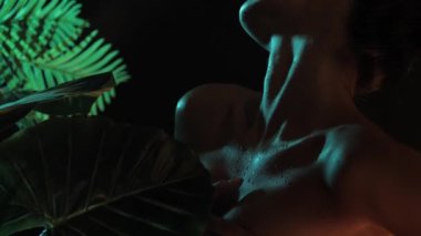 Güzel, seksi bir kızın vücudu. tropikal egzotik yapraklar.