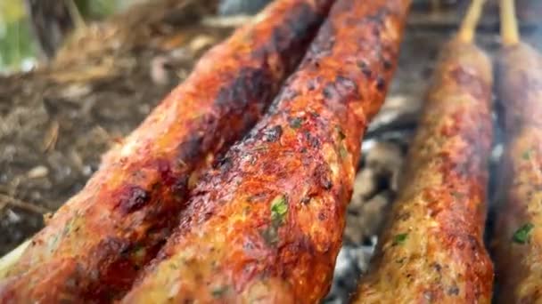 Lula Kebab 肉在斜面上 烤肉架上的肉 传统的东方菜 格鲁吉亚菜 — 图库视频影像