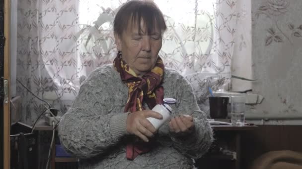 Retired Woman Old Woman Sitting Room Takes Medicine Pills Prescribed — Stock Video