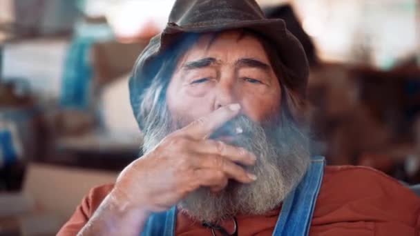 髭を生やした老人がタバコを吸って — ストック動画