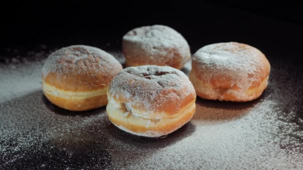 Hanukkah Doughnuts Sufganiyot Sprinkle Powdered Sugar Hanuka Doughnut — Vídeo de stock