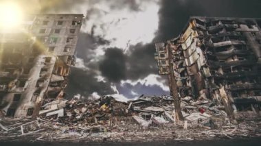 Destroyed houses. Destruction of high-rise buildings. Earthquake. Disaster.
