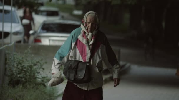 Old Lonely Woman Walks Homeless Senior Lady Poor Old Age — Stock Video