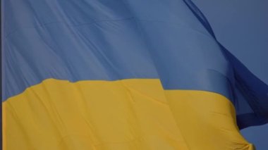 Doğanın arka planında rüzgarda dalgalanan bayrak. Ukrayna bayrağının dalgalanan ulusal sembolü ülke.