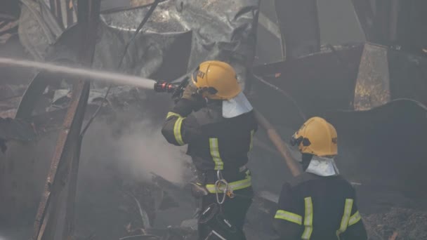Πυροσβέστης Που Χρησιμοποιεί Πυροσβεστικό Σωλήνα Για Την Καταπολέμηση Της Πυρκαγιάς — Αρχείο Βίντεο