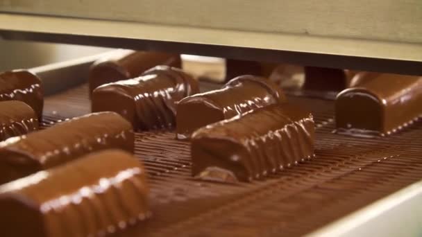 Cinta Transportadora Una Fábrica Chocolate Producción Dulces — Vídeo de stock