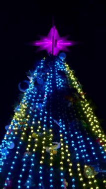 Göz kamaştırıcı renkli ve aydınlatıcı bir Noel ağacı, gece gökyüzünde parıldayan parlak ışıklarla övünür.