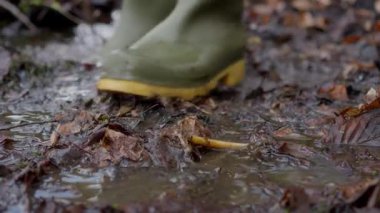 Çamurlu suda ve sonbahar yapraklarıyla çevrili bir insan canlı yeşil lastik çizmeler giyer.
