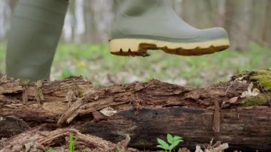 Huzurlu bir orman ortamında parlak yeşil lastik çizmeler giyen bir insan, güvenli bir şekilde bir kütüğün üzerinde yürür.