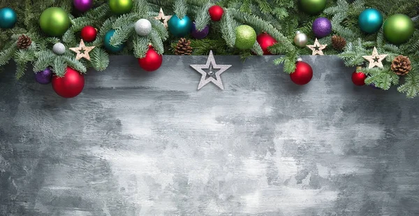Modern Noel Arkaplanı Köknar Dalları Renkli Mücevherler Yıldızlardan Oluşan Yapımı — Stok fotoğraf